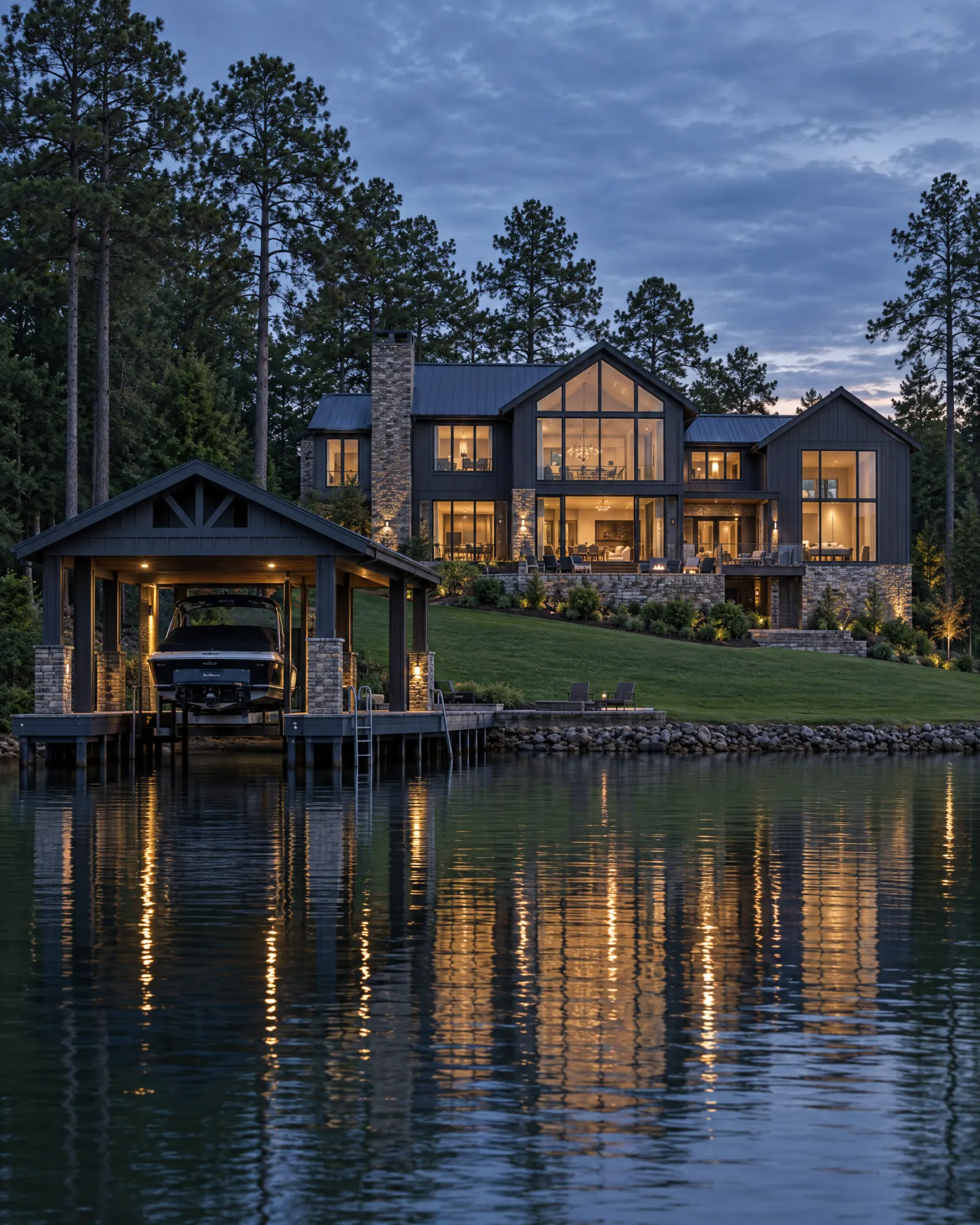 Lakefront home with a covered boat dock at dusk