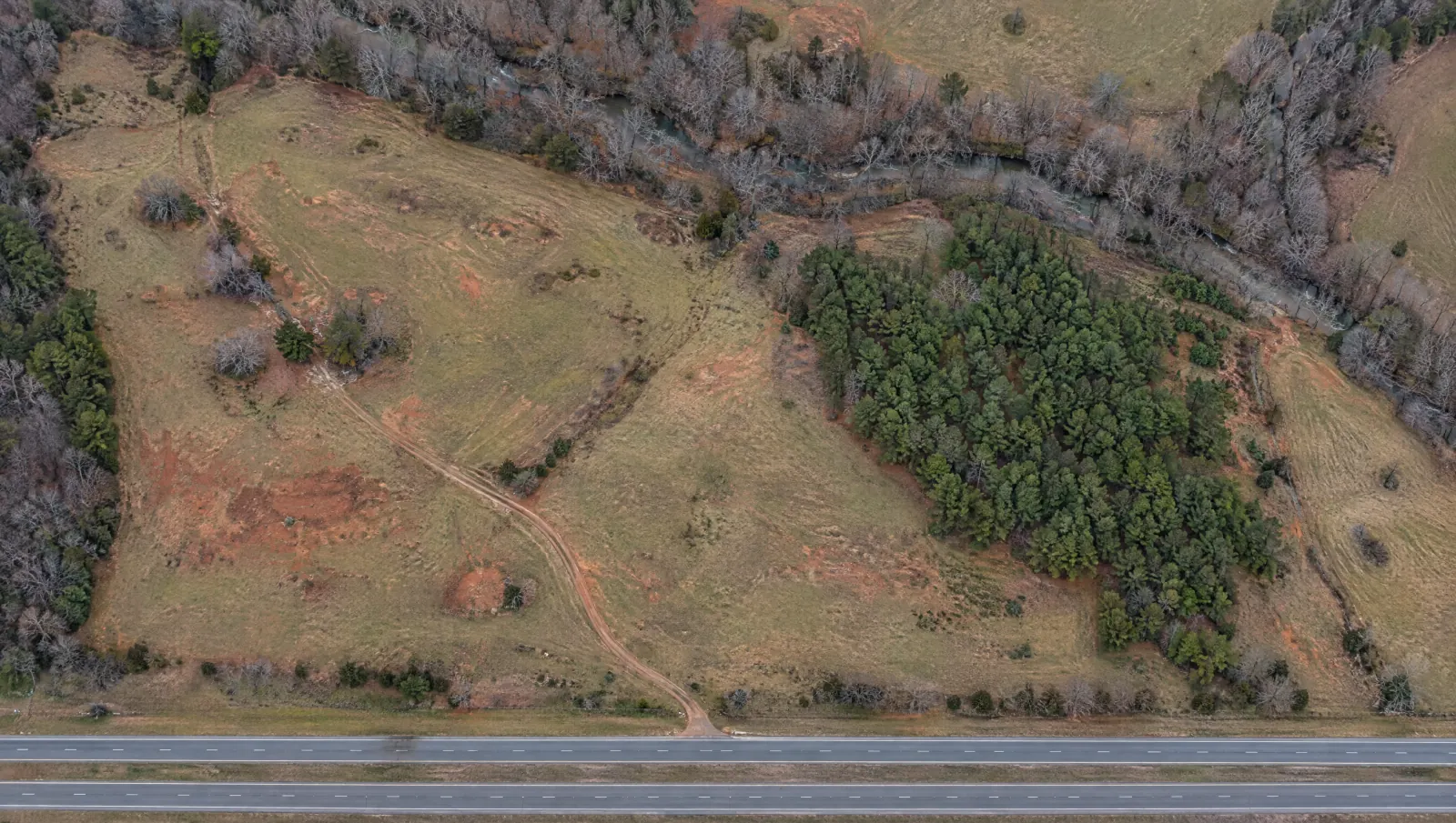Overhead aerial of the raw parcel before development: pasture, a pine stand and a creek line