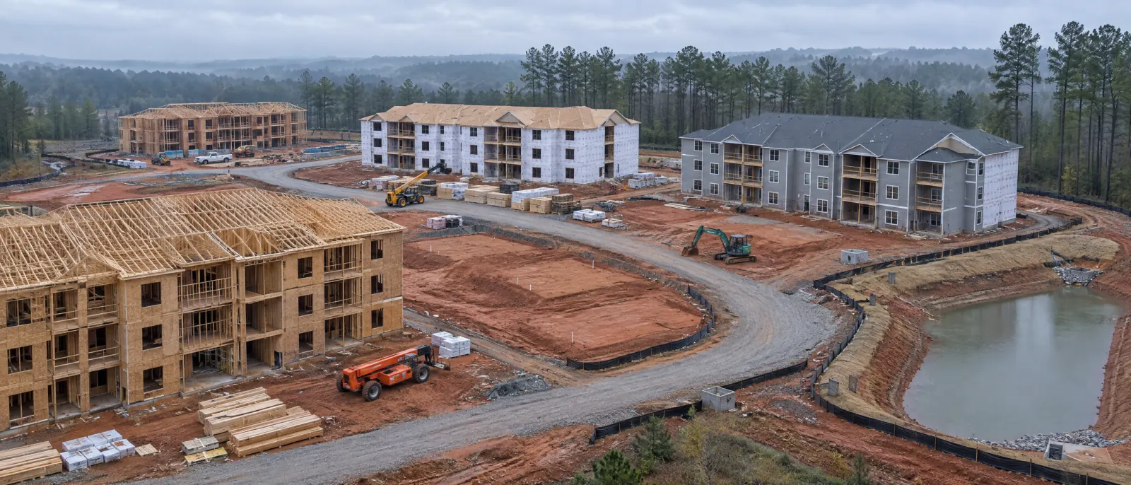 Apartment buildings under construction at framing, house wrap and siding stages on graded red clay