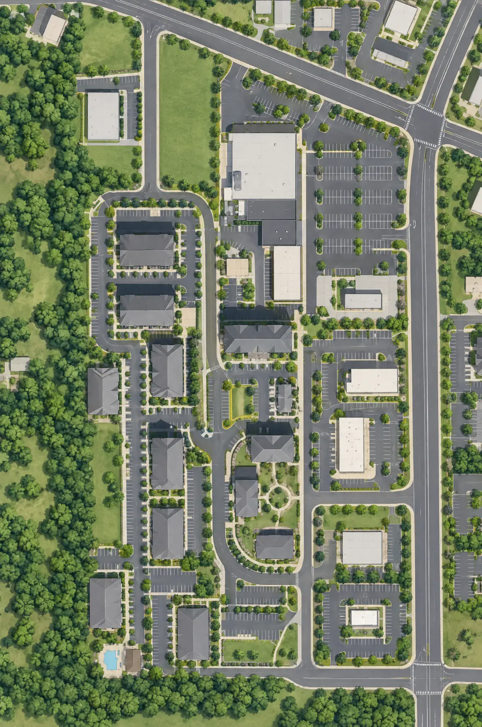 Rendered site plan of Salisbury Village: apartment buildings on Emerson Lane and Castlewood Drive, with retail pads along Jake Alexander Boulevard