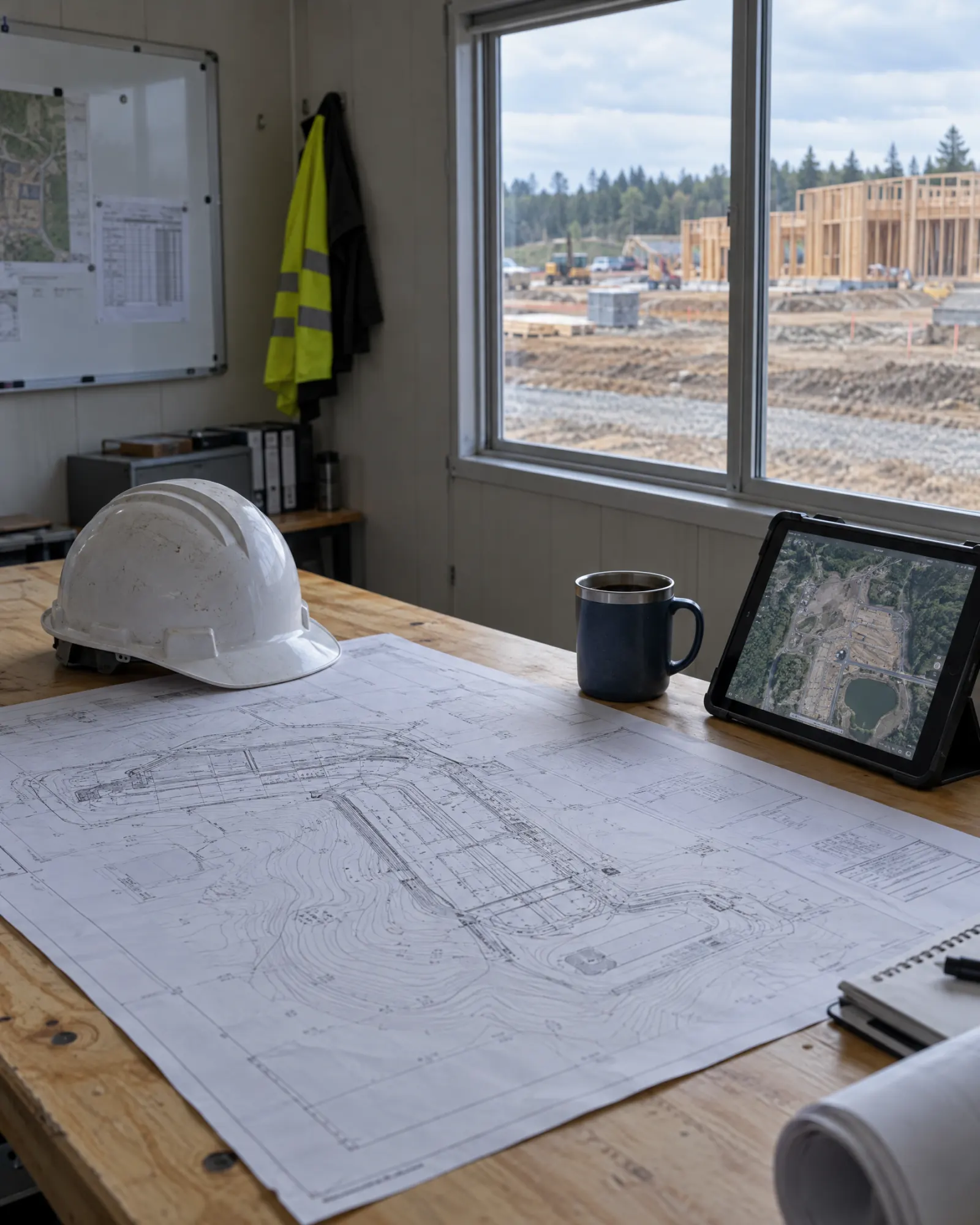 Plan table in a site trailer with civil drawings, a hard hat and a tablet map