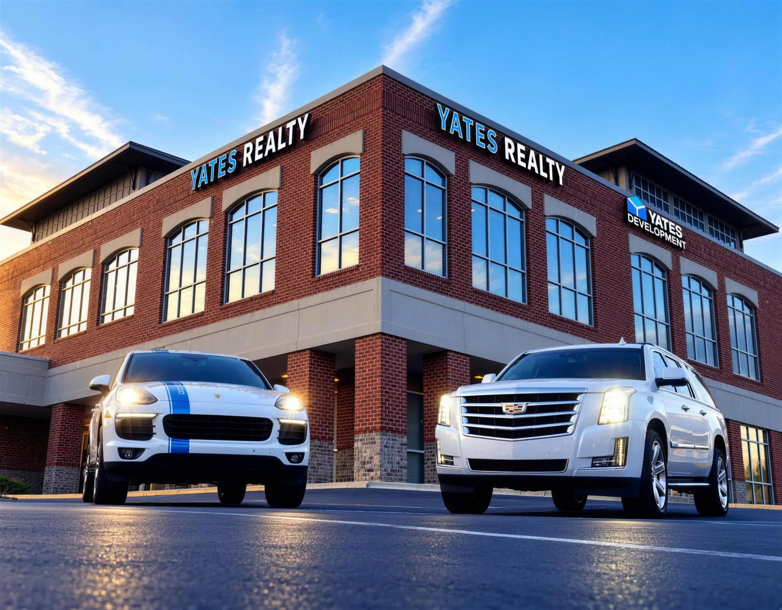 The Yates Realty and Yates Development office building at dusk, with two white SUVs parked out front